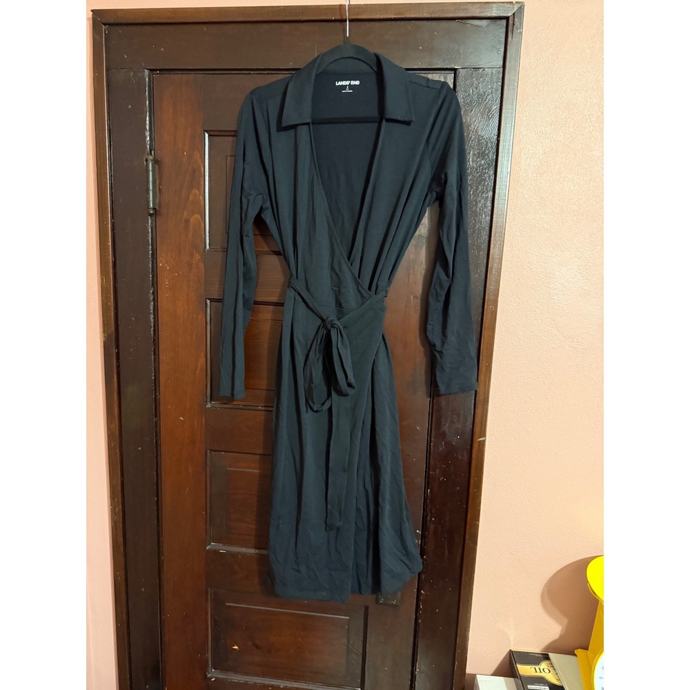 Lands End Womens Black Cotton Modal Long Sleeve Wrap Dress Small 6-8